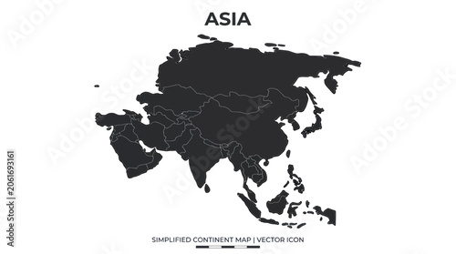 Map of Asia Continent with Country Borders, Dark Silhouette, White Background