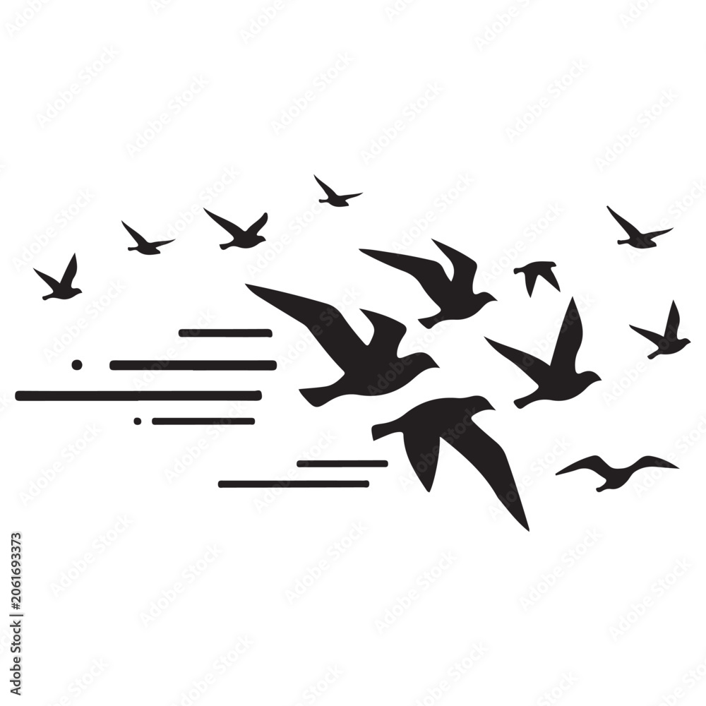Fototapeta premium Black bird flock silhouette vector with motion lines for migration and wildlife design