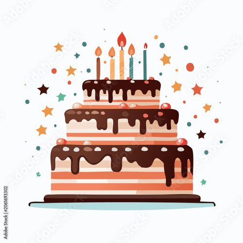 Three Tier Birthday Cake with Candles and Confetti