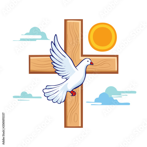 White dove flying near a wooden cross with sun and clouds