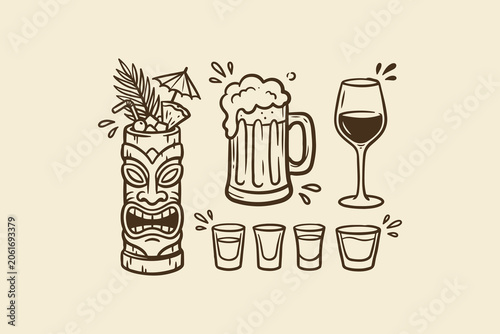 Foto Hand drawn doodle set of tiki cocktail mug beer mug wine glass and shot glasses