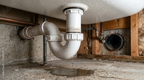 Leaking white PVC sink pipe under a sink with water dripping into a puddle on a concrete basement floor