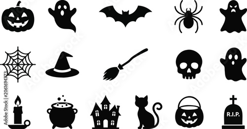 Black halloween icons set with pumpkin ghost spider witch hat and other spooky elements on transparent background