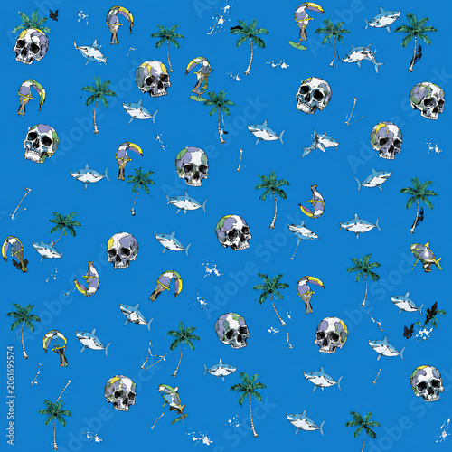 Shark and palm tree beach pattern