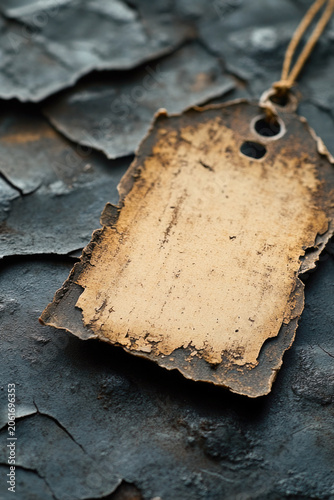 A single tag hangs from a crack in a worn-out surface, possibly indicating a forgotten or abandoned place vertical frame