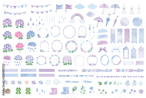 Fotografie 梅雨の季節を彩る紫陽花と雨の装飾ベクターイラストセット。グリーティングカード、カレンダー、ウェブデザインの素材として (EPS)