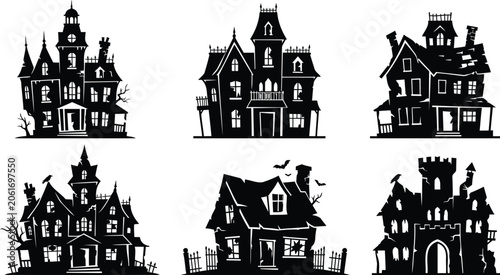 Fotografie Black silhouettes of haunted houses and spooky mansions for halloween decoration