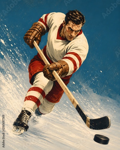 Vintage Ice Hockey Player Skating With Puck Retro Sports Illustration