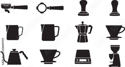 Coffee brewing equipment icons set featuring portafilter tamper milk pitcher moka pot dripper scale and grinder vector