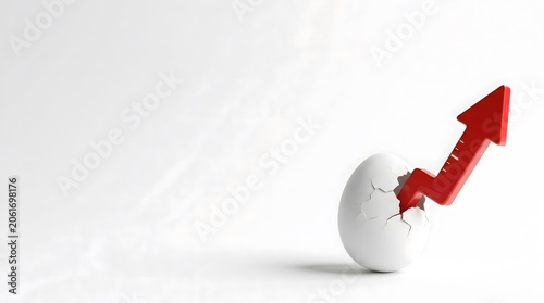 Cracked egg with red rising arrow, 3D render, white background.