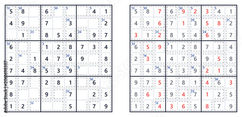 Bild auf Leinwand Killer Sudoku puzzle grid with printable answers displayed in red, featuring an