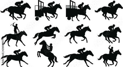 Photography Collection of black silhouettes of horses and jockeys in various dynamic poses i
