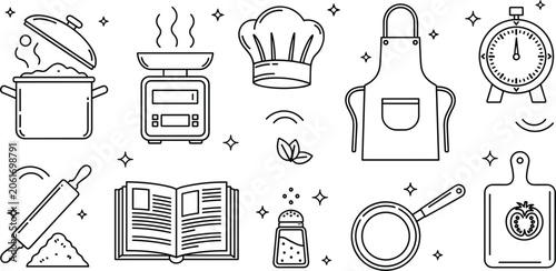 Photos Kitchen cooking utensils line art vector icon set with chef hat apron recipe boo