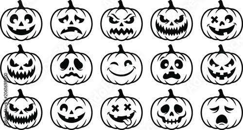 Foto Collection of black silhouette jackolantern faces with various expressions on a