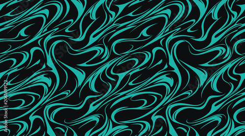Seamless pattern of fluid teal liquid swirls and organic wavy shapes on a dark black background