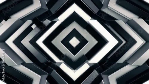 A seamless, infinitely looping abstract animation: full-frame, centered, black, charcoal gray, silver, and white geometric diamond and chevron patterns expand and contract with parallax. Static