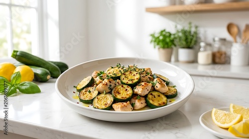 Delicious zucchini and chicken salad in a white bowl on a kitchen countertop
