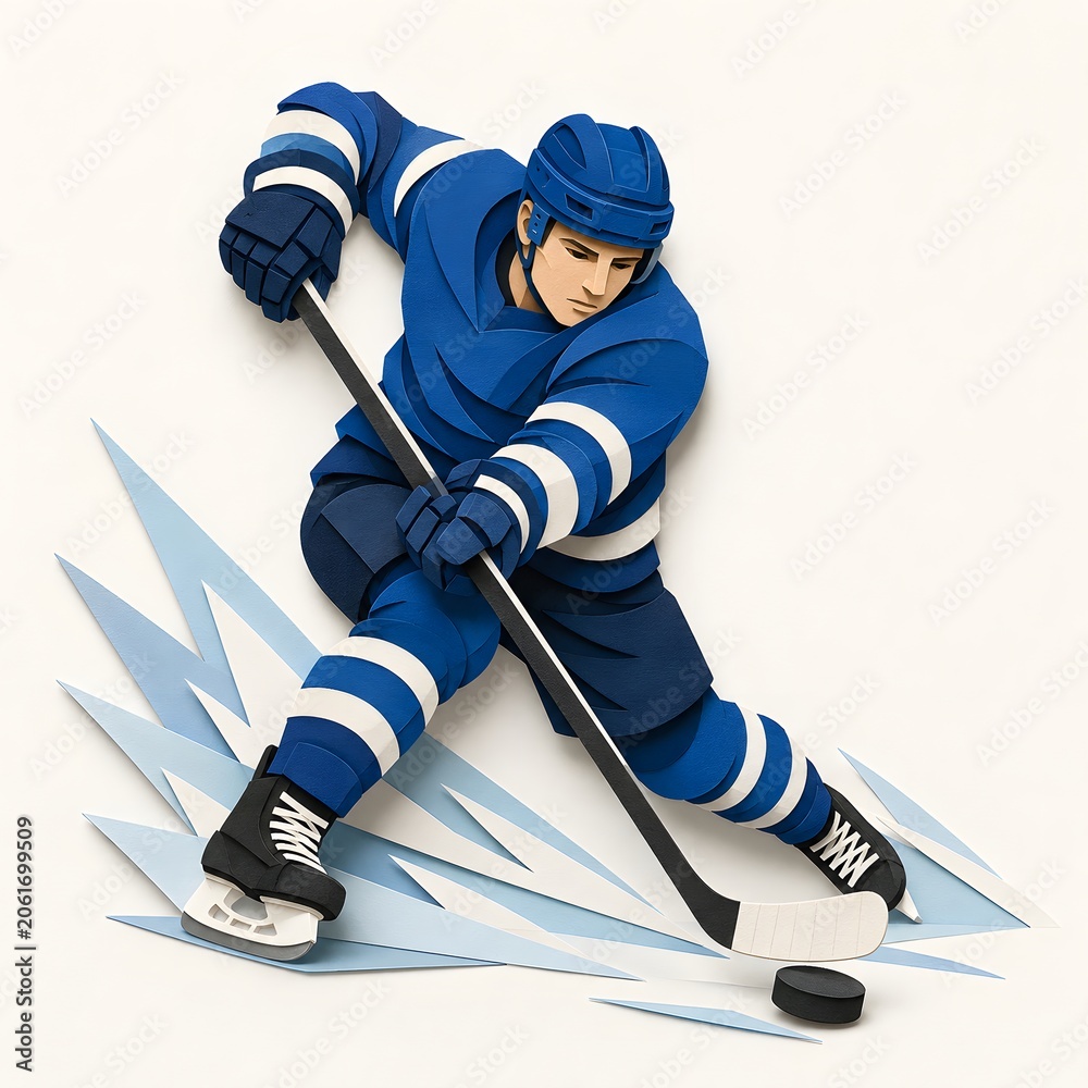 Obraz premium Sports hockey player paper cut illustration in blue uniform