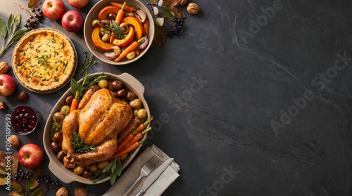 Roasted turkey dinner with quiche and roasted vegetables