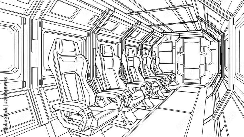 Fototapeta premium Intricate line art of a train interior a detailed architectural sketch with seating and compartments