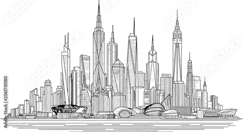 Futuristic cityscape sketch a detailed line drawing of a dystopian or utopian metropolis
