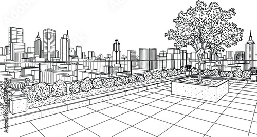 Photos Sketch of a bustling cityscape with a foreground of a tiled terrace and a promin