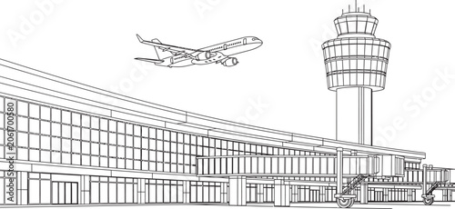 Architectural sketch of an airport terminal and control tower with a flying airplane