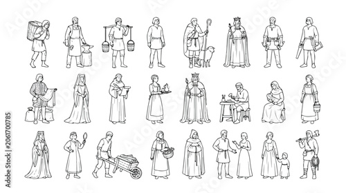 Obraz na plátně Medieval people vector set, 24 historical middle ages characters in line art, vi