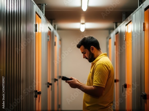 A man in a yellow polo shirt standing in a storage facility hallway, checking a handheld device while surrounded by rows of orange storage units