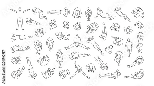 Tableau sur toile Architectural people top view vector set, minimalist line art figures for floor