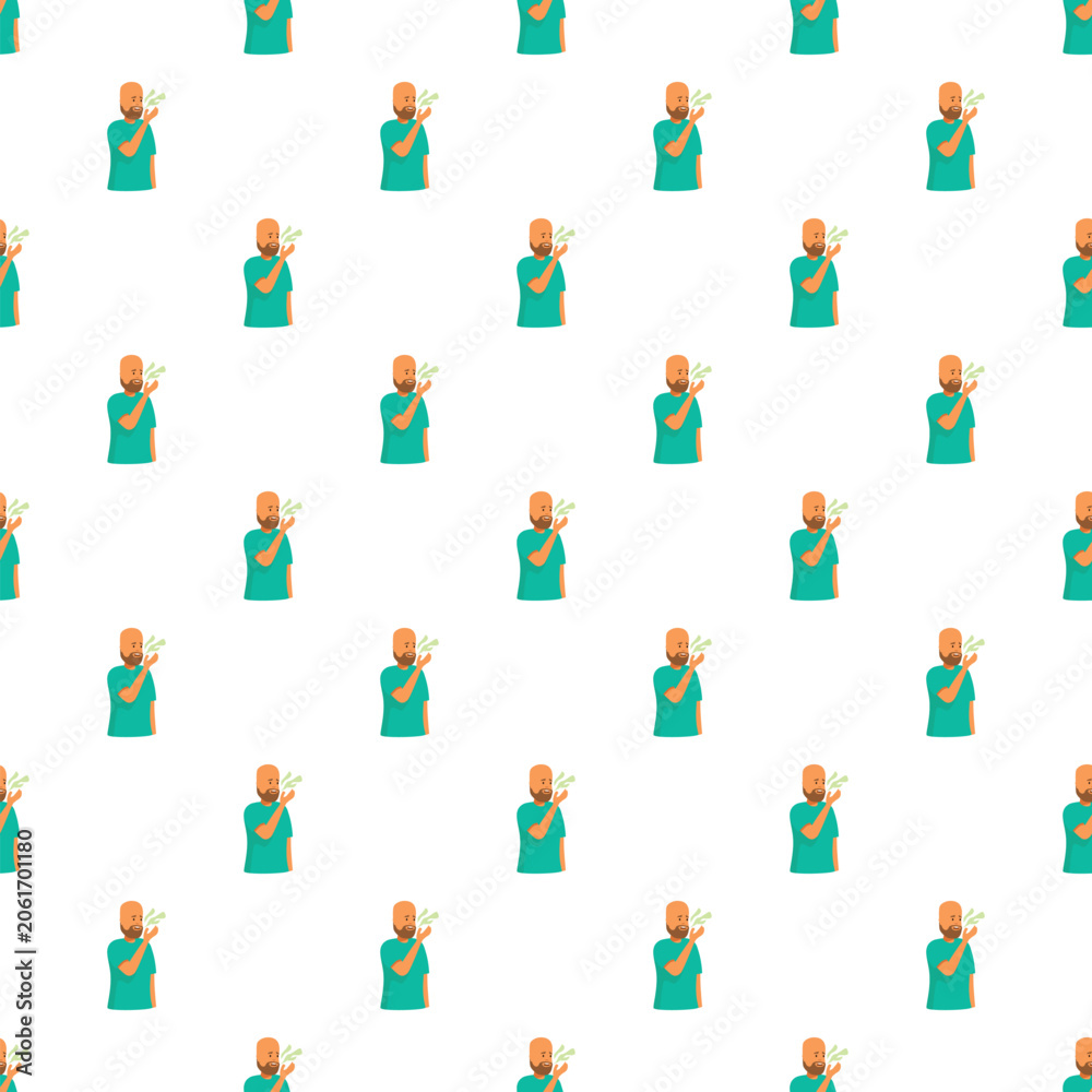 Fototapeta premium Man covering mouth checking his breath as a flat cartoon seamless pattern