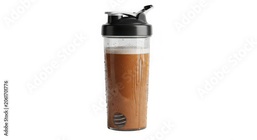 Fotografie A protein shaker bottle with a chocolate protein shake isolated on transparent b