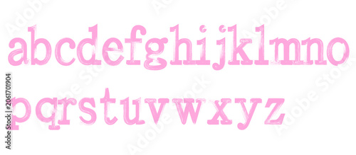 Grunge small letters. Distressed font rough spray typeface with dirty paint texture, vintage eroded alphabet for poster t-shirt print. Vector grunge pink typography.