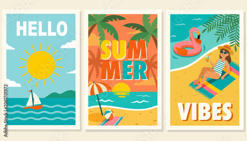 Colourful Summer vacation poster set with beach scene, tropical palm trees and Hello Summer Vibes