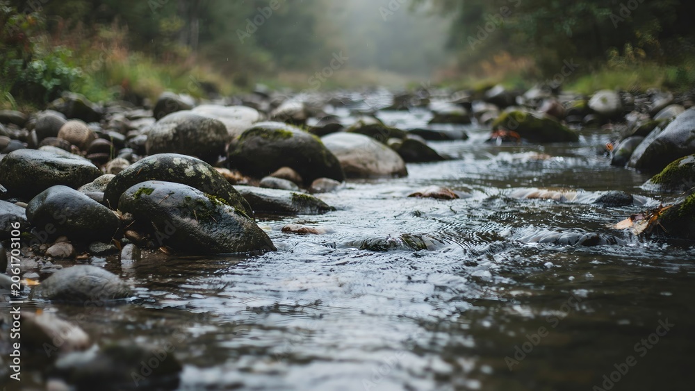 Fototapeta premium Tranquil Stream Flow with Smooth Rocks in Forested Natural Setting