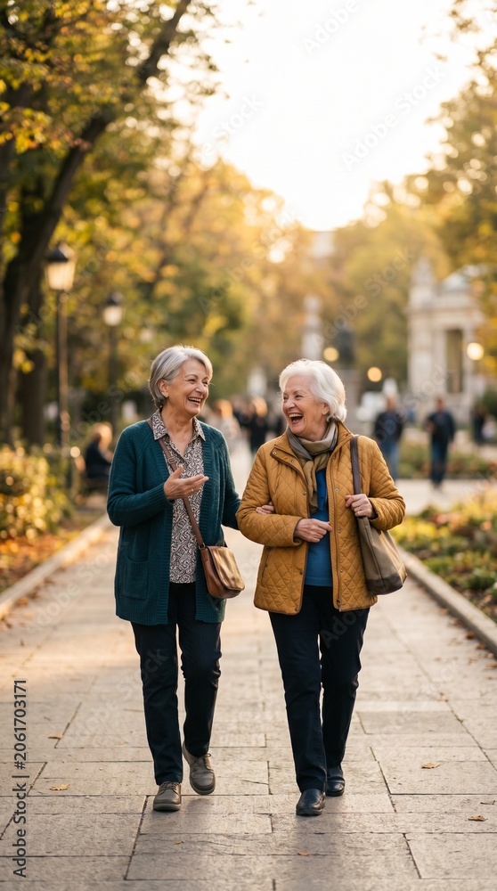 Obraz premium Image of two senior women walking arm in arm on a cobblestone path in a park during autumn, bathed in warm sunlight