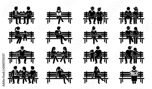 People sitting on park benches icon set resting and leisure symbols
