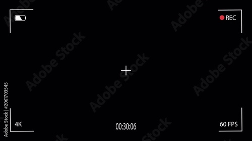 Professional recording screen overlay featuring REC indicator, camera frame markers, viewfinder crosshair, timer display, 4K resolution label, and frame rate information. Ideal for vlog simulations, f
