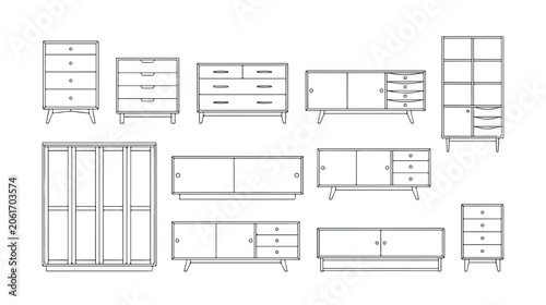 Photos Mid-century modern furniture line icons, minimalist wooden cabinet and dresser v