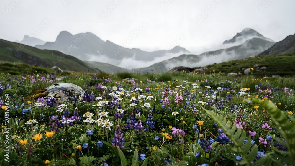 Obraz premium Vibrant alpine wildflower meadow with misty mountains and rolling hills in springtime