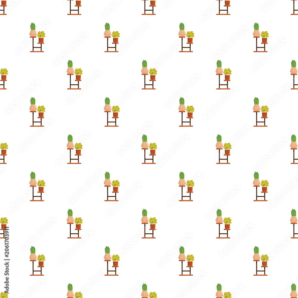Fototapeta premium Green houseplants in pots on wooden stands forming a repeating background pattern