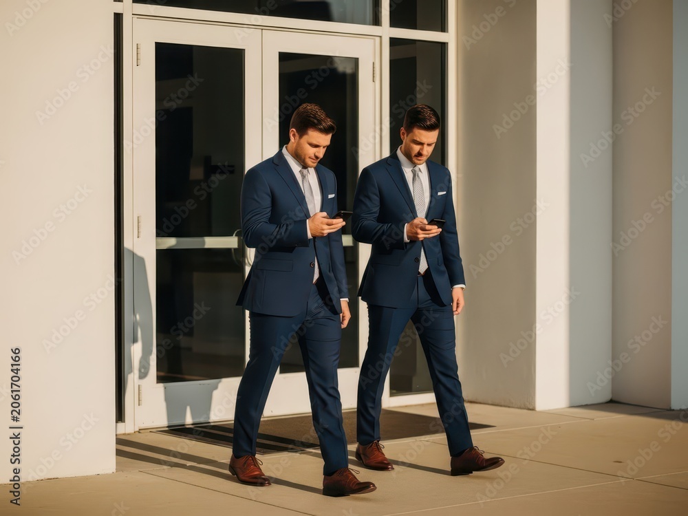 Fototapeta premium Two identical businessmen in navy blue suits walking outside an office building while looking at their smartphones
