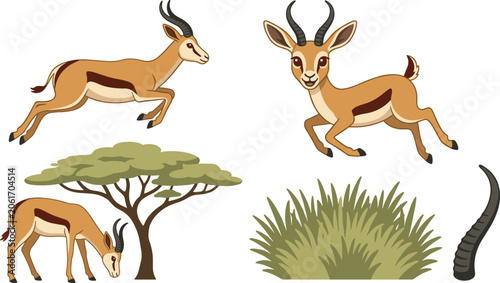 Foto African Gazelle Antelope Vector Set with Running Thomsons Gazelles Acacia Tree G