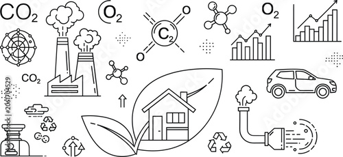 Foto Carbon emissions climate change line art vector icon set with eco house leaf fac
