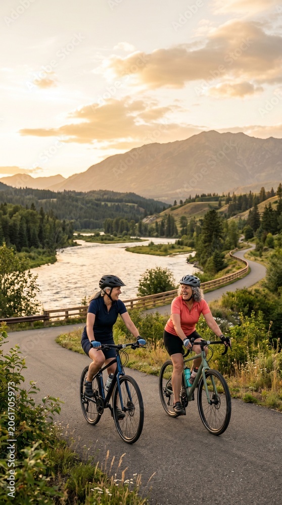 Fototapeta premium Two woman bicycling down a path next to a river in the sunset