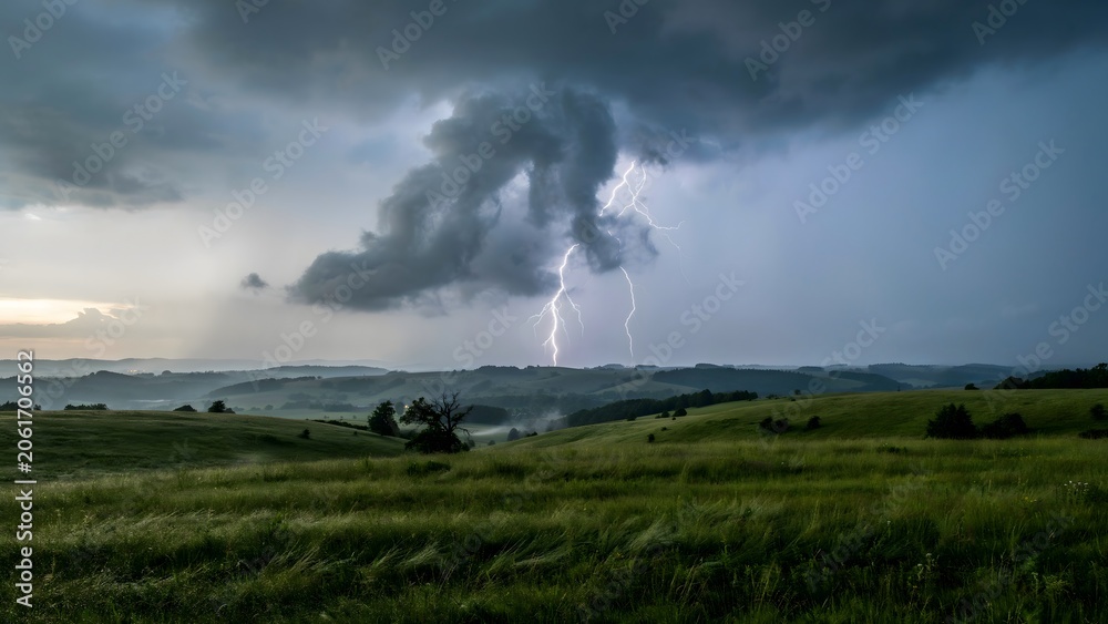 Fototapeta premium Dramatic Landscape with Lightning Storm Over Rolling Hills and Clouds