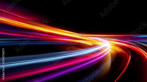 Abstract high-speed light trails flowing across a black background, dynamic curved ribbons of red, orange, yellow, blue and magenta light, long exposure motion effect, futuristic s