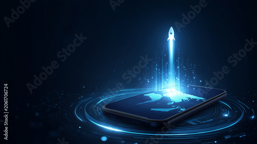 Futuristic startup launch concept with a glowing blue rocket rising from a smartphone screen, digital business growth and mobile innovation metaphor, dark navy technology backgroun