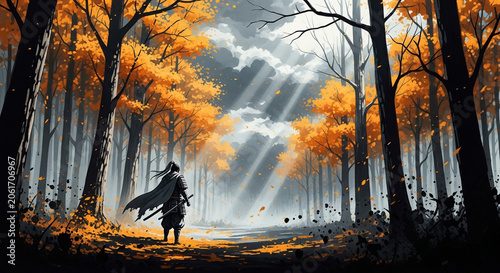 Samurai warrior standing in a dramatic autumn forest with golden leaves and sun rays piercing through clouds