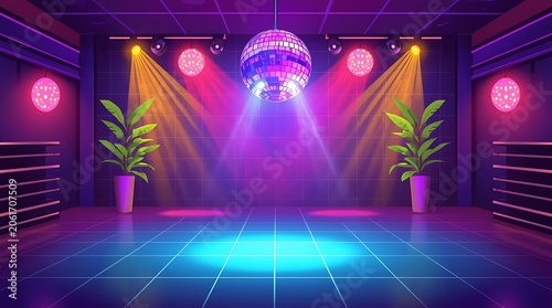 Vibrant Nightclub Interior with Disco Ball and Stage.